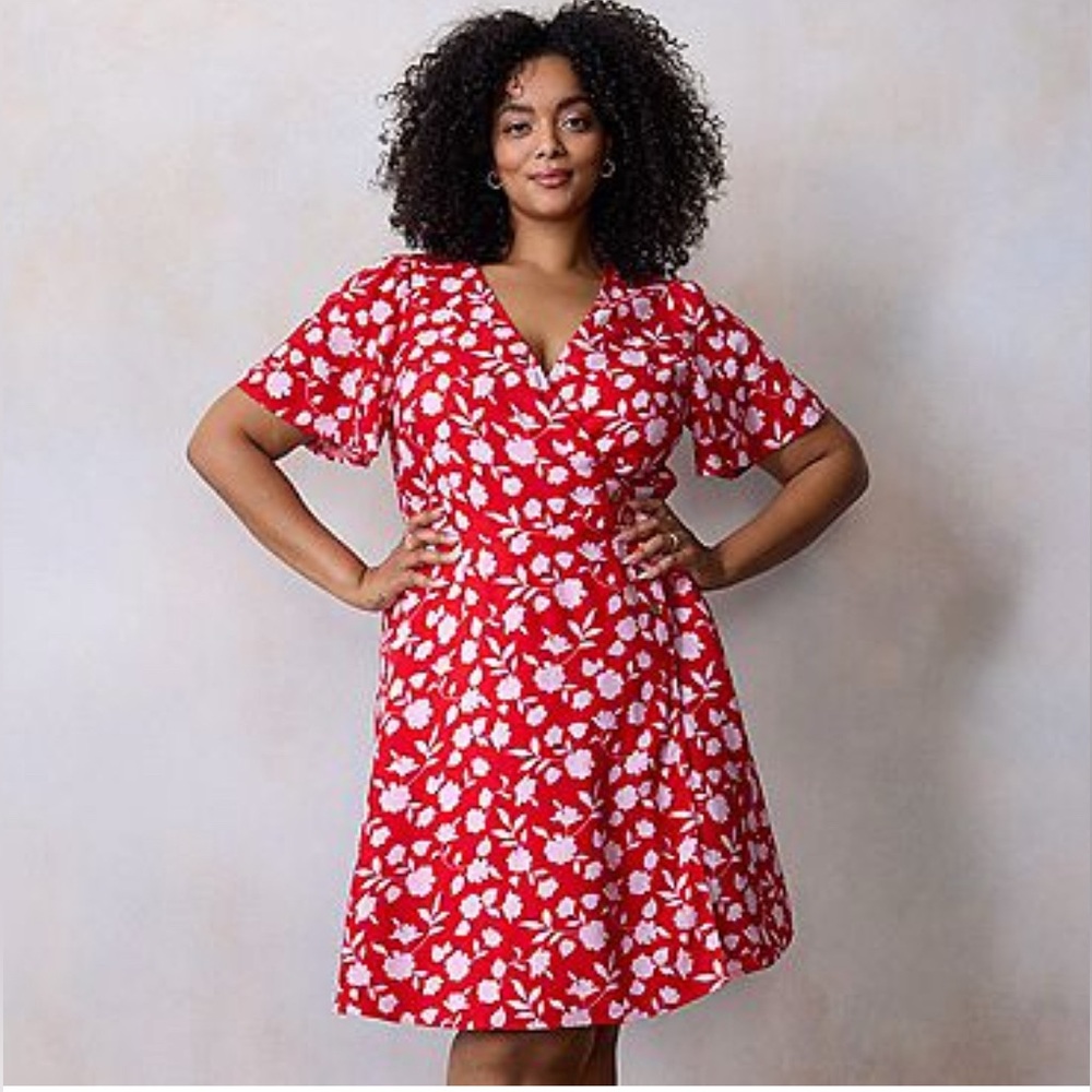 LC Lauren Conrad Red Floral Wrap-Style Midi Dress with White Print